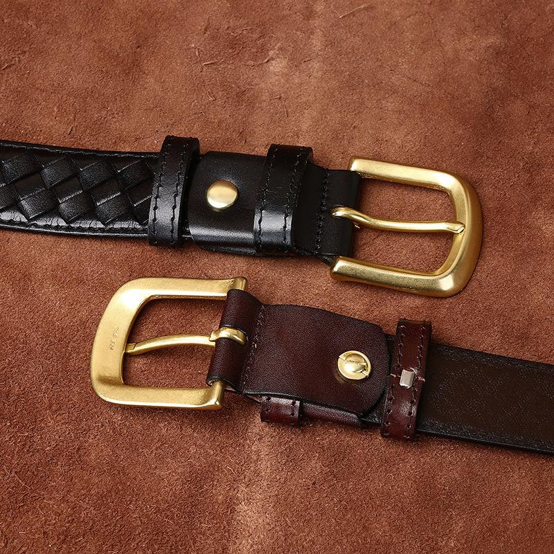 3.8Cm Retro Fashion Trend Versatile First-Layer Cowhide Woven Belt Men'S Genuine Leather Copper Buckle Woven Belt