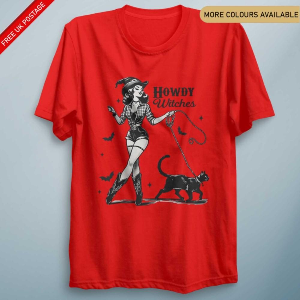 Howdy Witches Witch Black Cat Vintage Style T Shirt Halloween Costume Gothic Tee S