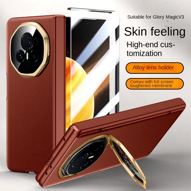 Leather With Privacy Screen Tempered Glass Protector Case For Honor Magic V3 All-inclusive Spring Hinged Camera Holder Cover