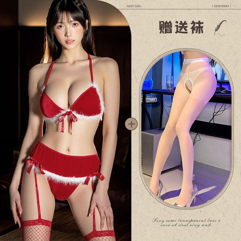 Sexy lingerie sexy christmas red gift seduction plush butterfly three-point garter
