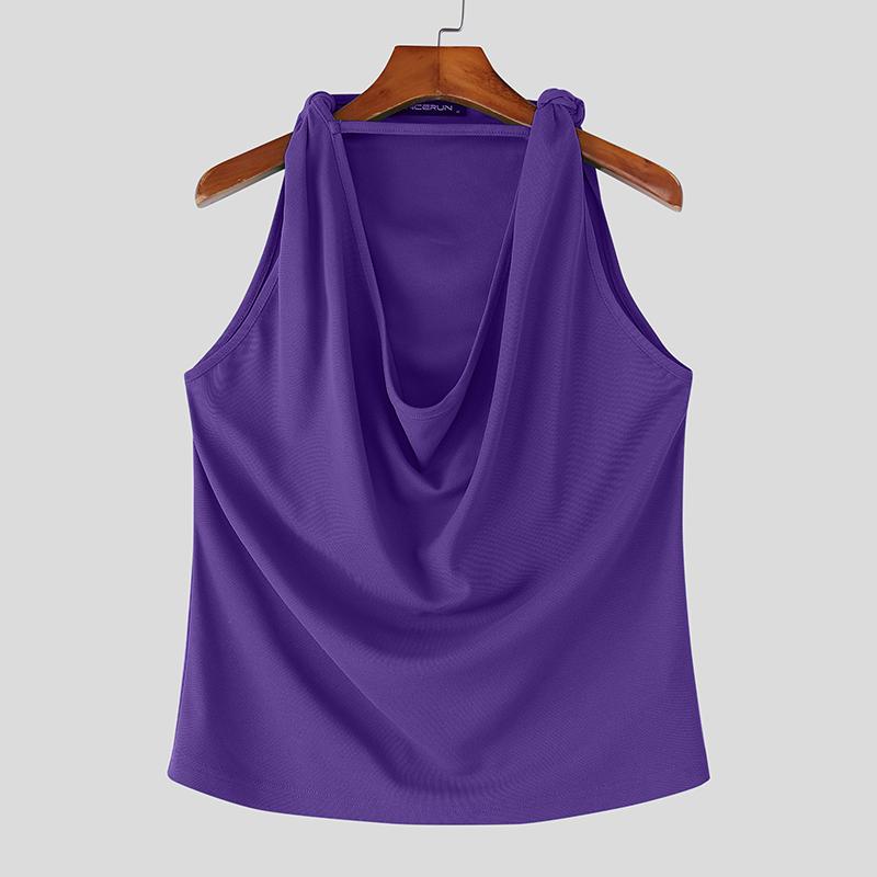 

INCERUN Men Summer Swing Collar Sleeveless Ruffled Casual Loose Tank Tops 5XL фиолетовый