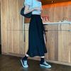 WTEMPO Black Elastic High Waist Loose Solid Color Casual Long Pleated Skirts WomenFour Seasons A-line Lacing-up Side Split Skirts