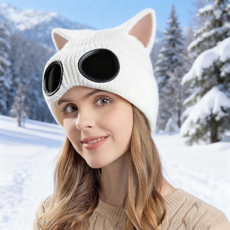 Little Devil Glasses Hat Knitted Mao Line Hat with Cat Ears Men Women Thickened for Warmth Ski Solid Color Ear Protection Windproof Pullover Hat