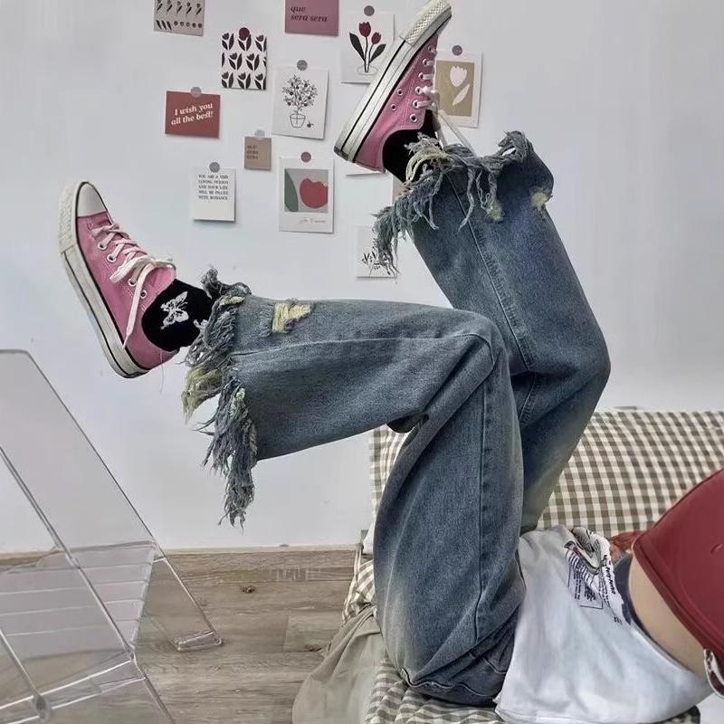 

Plus Size High Waist Ripped Denim Pants - Wide Leg, Loose Fit, Distressed Casual Style for Women. XL