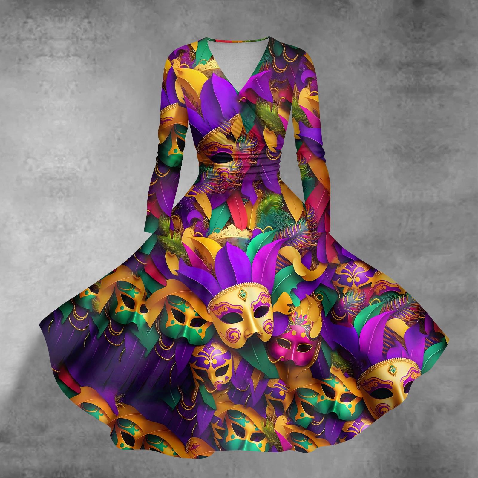 

Women s Casual And Fashionable Carnival Printed Long Sleeved V-neck Sexy Dress M жовтий