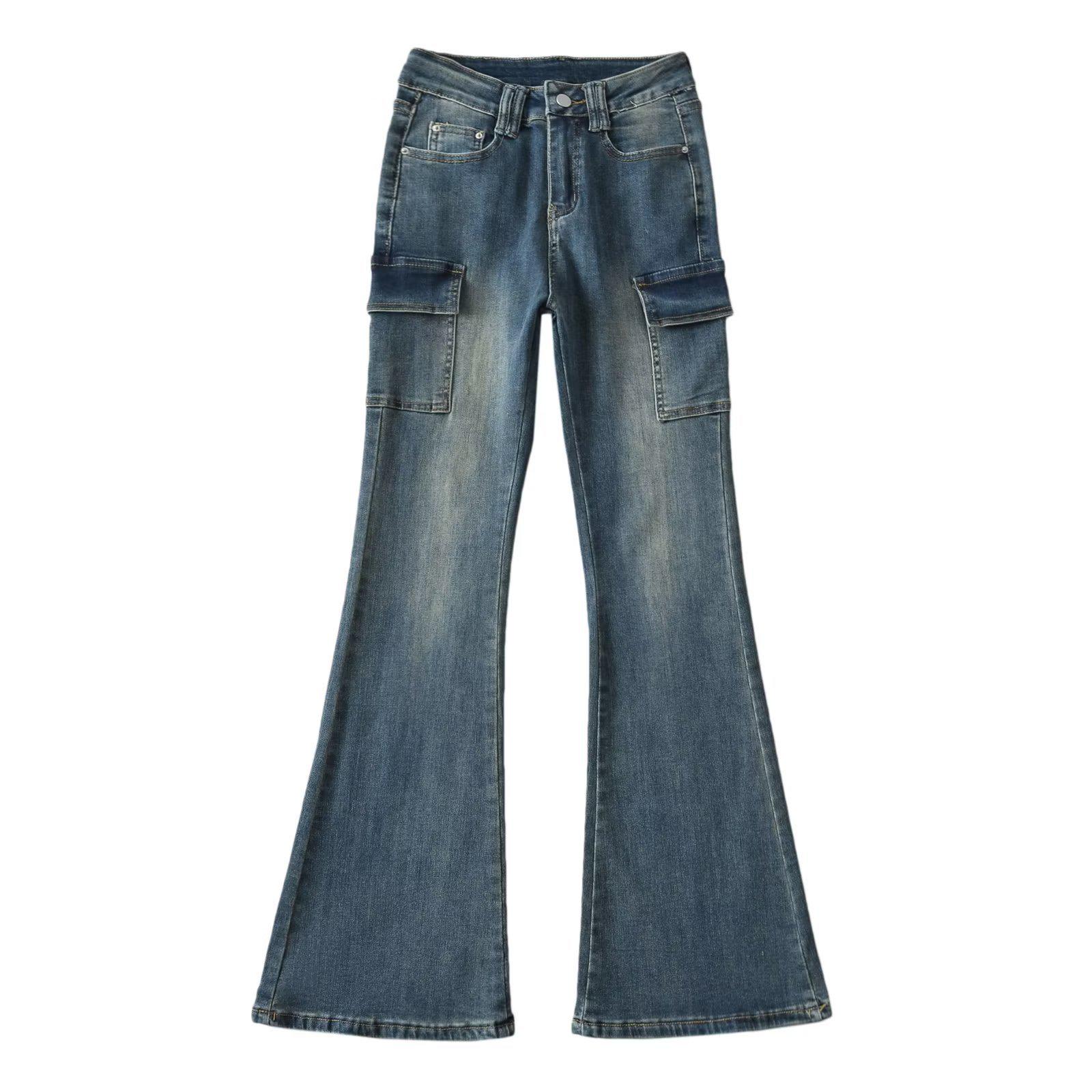 

European & American Style High-Waisted Stretchy Flare Jeans with Pockets - Slim Fit, Long Micro-Flare Pants for Workwear XS