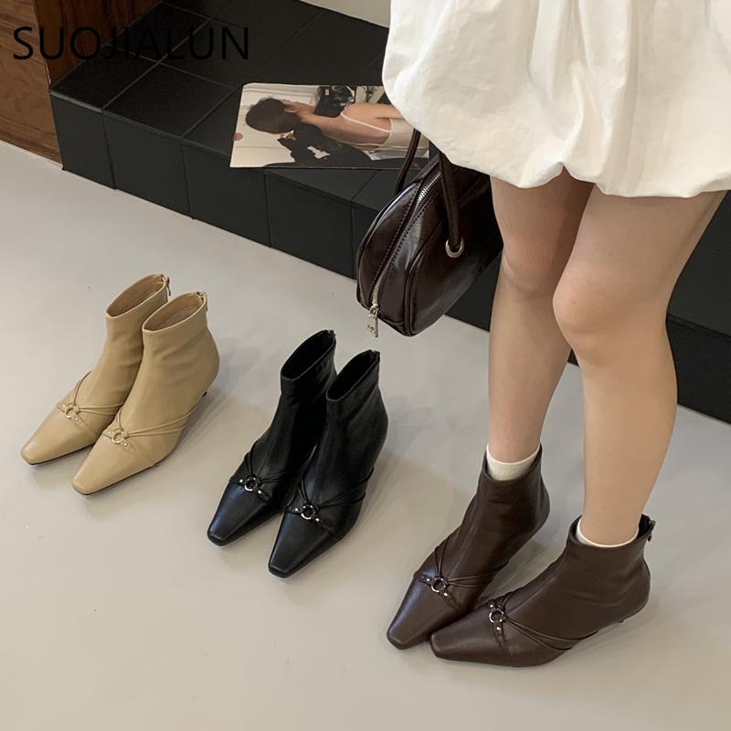 Fashion SUOJIALUN 2025 Winter New Brand Women Ankle Boots Fashion Buckle Round Toe Ladies Elegant Short Boots Thin Low Heel Dress Pumps