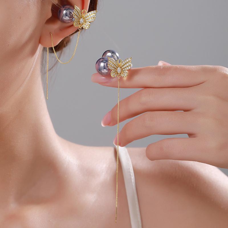 Bling Rhinestone Butterfly Ear Clip Earrings 2 Pieces Anti-Lost Holder for Wireless Earphone Female Prom Gift
