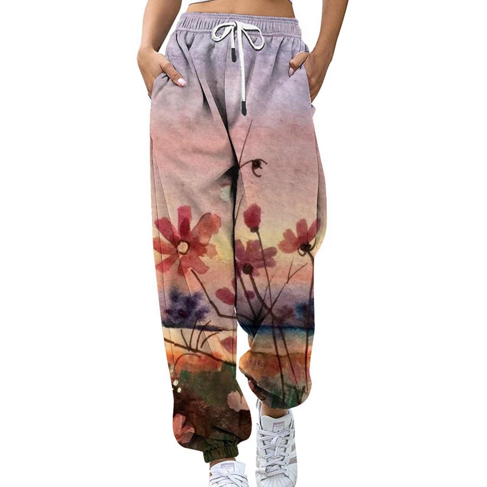 

Женская мода, повседневные спортивные брюки с цифровым цветным принтом, свободные брюки S