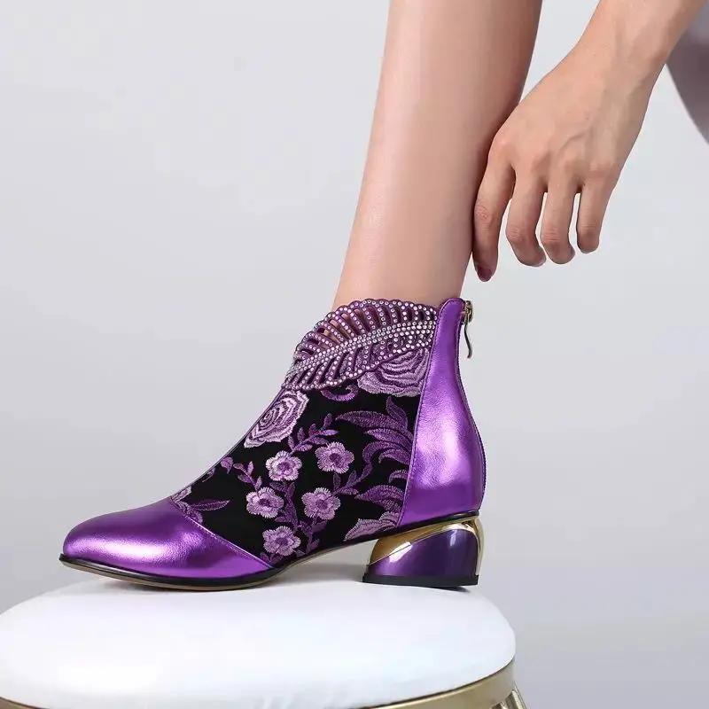 Women Boots Handmade Embroidery Shoes for Women 2025 New Luxury Elegant Women Boots High Heel Ankle Boots Party Zapatos