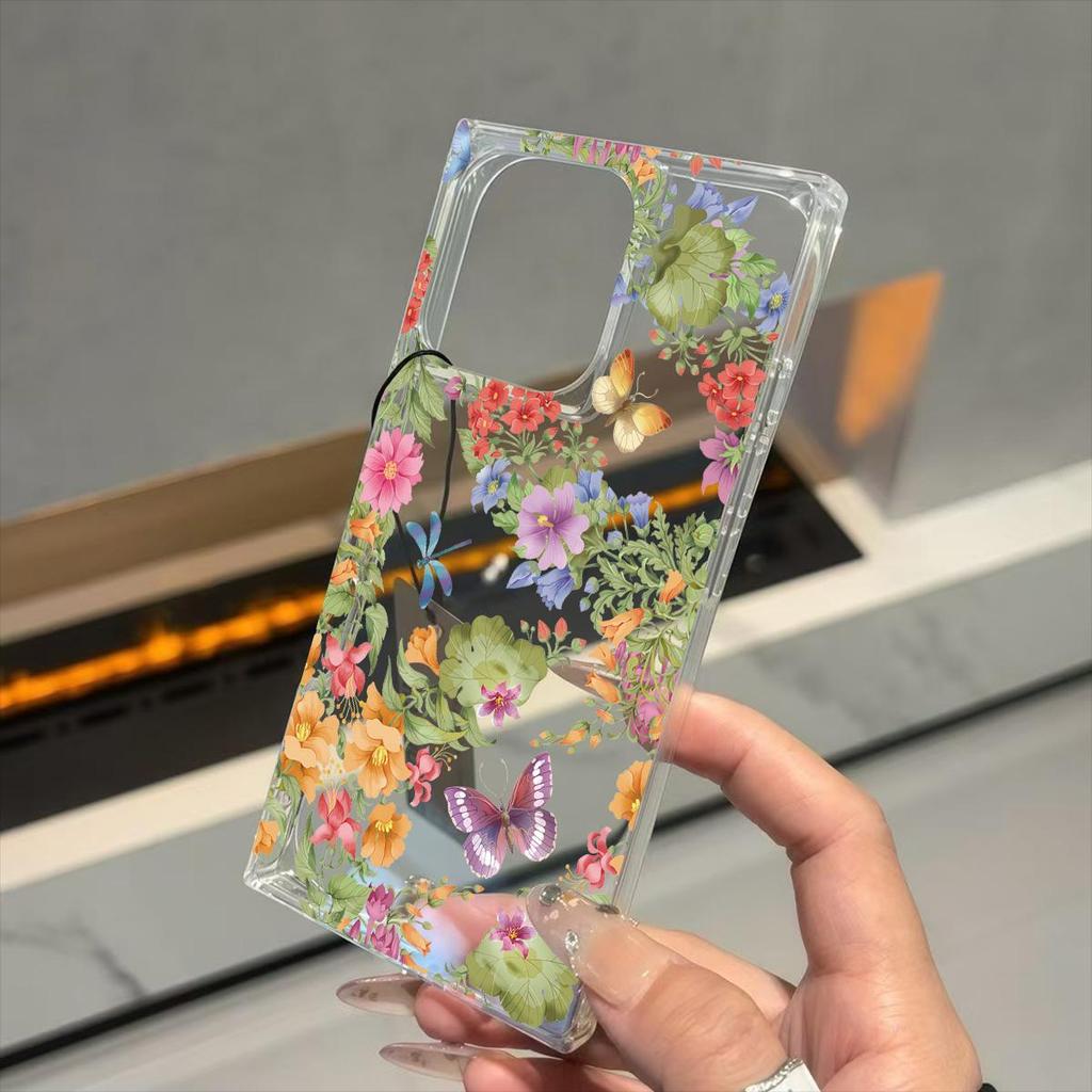Clear Square Back Tube Case Protection For iPhone 15 Plus 14 Pro Max 13 16 ProMax 11 12 Anti-Oxygen,Flower Butterfly Pattern Casing