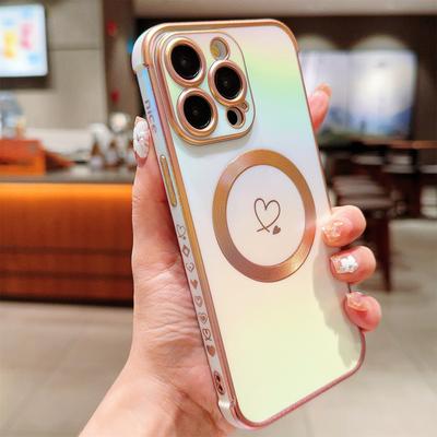 For iPhone 14 Pro Max Case Magnetic Electroplating TPU Phone Cover Love Heart Pattern