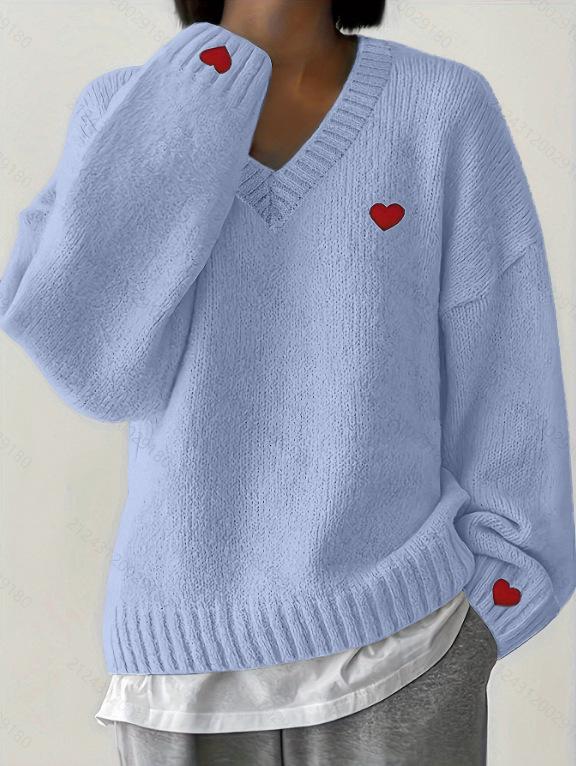 European American Love Embroidery V-Neck Sweater: Stylish Loose-Fit Pullover Knitwear