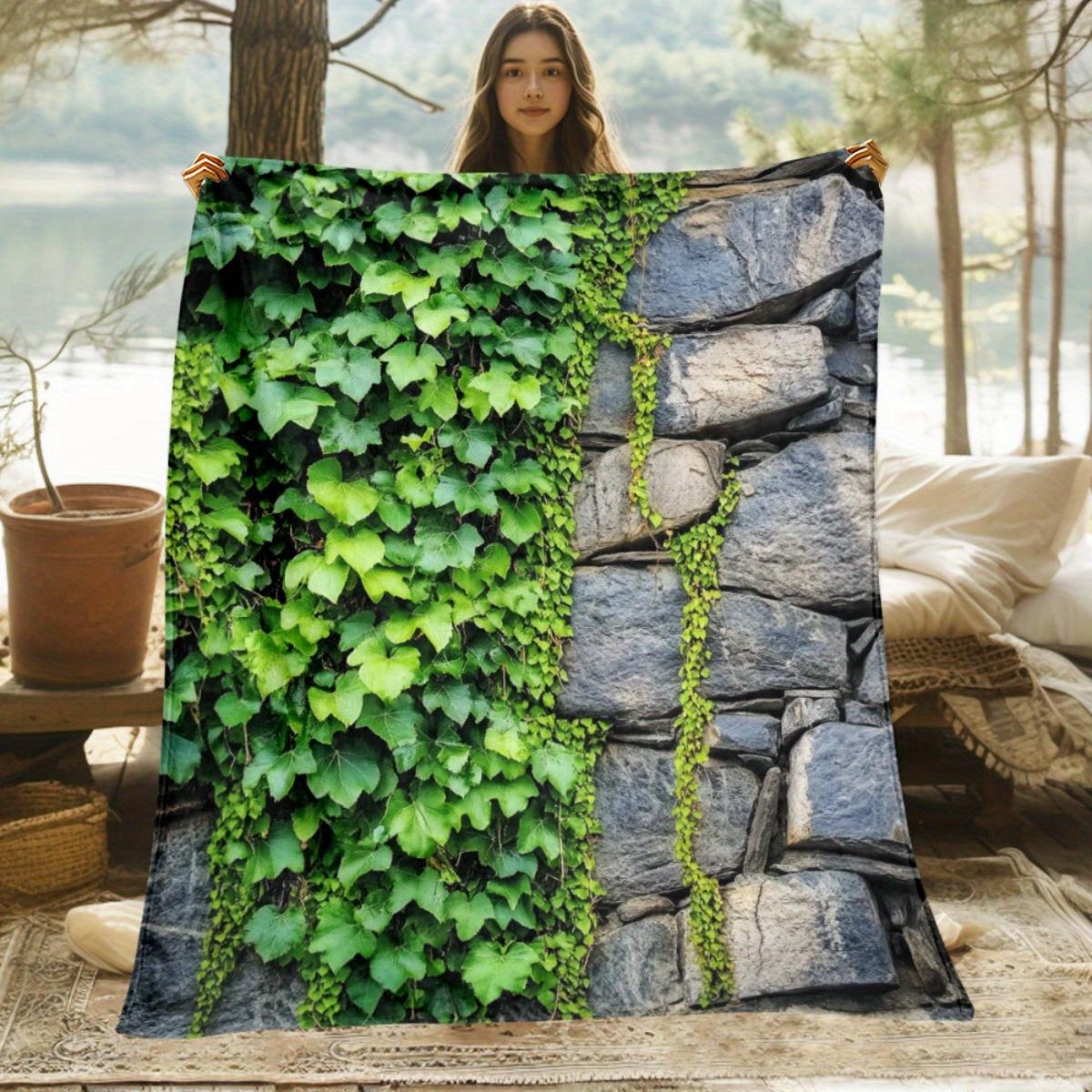 

Green Ivy Stone Wall Flannel Blanket Nature Inspired Cozy Throw Blanket for Home Decor Living Room Bedroom SoftWarmFleeceBlanket 75x100cm