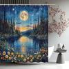 Forest Moon Shower Curtain Misty Forest Fantasy Starry Sky Galaxy Nature Gothic Scenery Abstract Pine Tree Flower Lake Polyester Bathroom Curtains