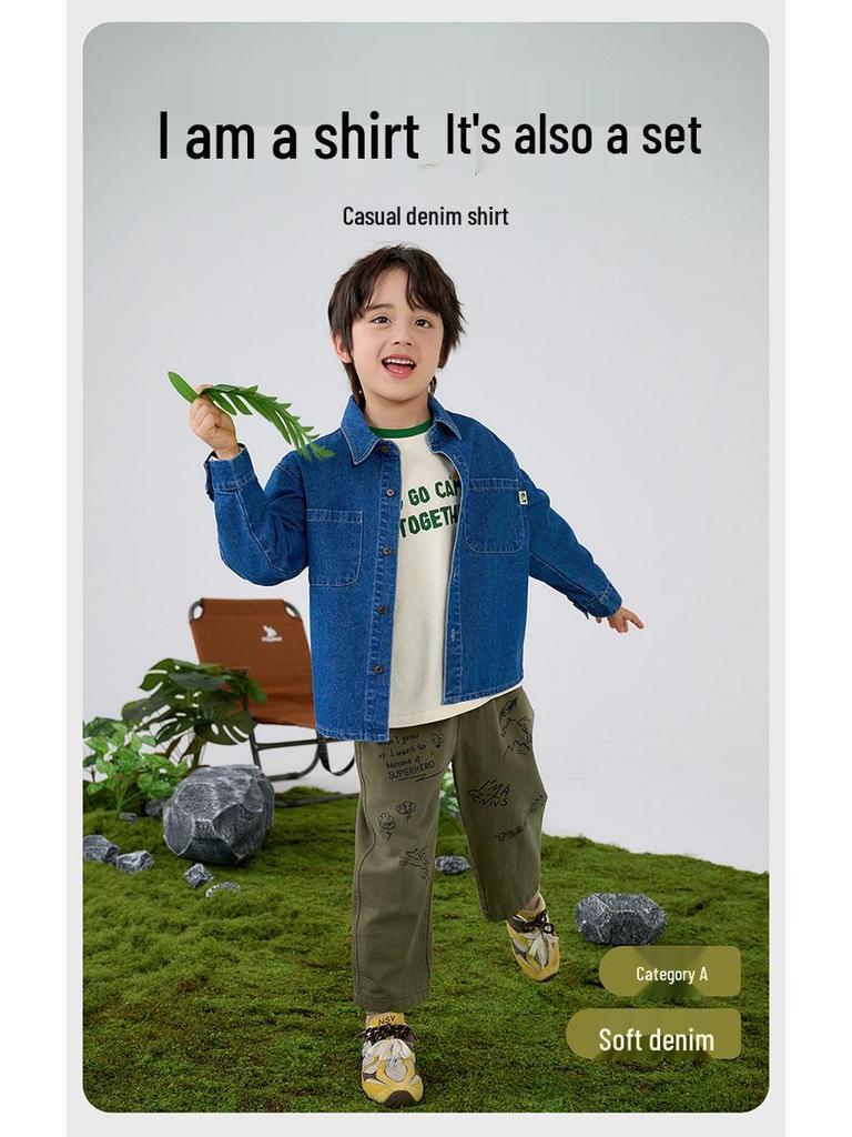 Soft Denim Cotton Boys' Shirt Jacket, Autumn/Spring 2026 Style, Children's Long-Sleeved Top