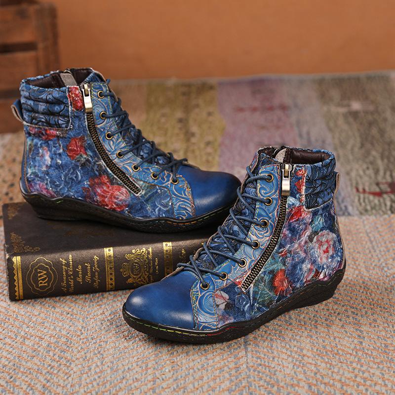 Johnature Retro Oil Painting Women's Boots Handmade Ethnic Flower Lace Up Comfortable Flat Leather Short Boots