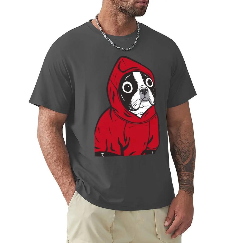 Funny Boston Terrier In A Red Hoodie French Bulldog T-Shirt Men O Neck Pure Cotton T Shirts Funny Dogs Tees Clothing