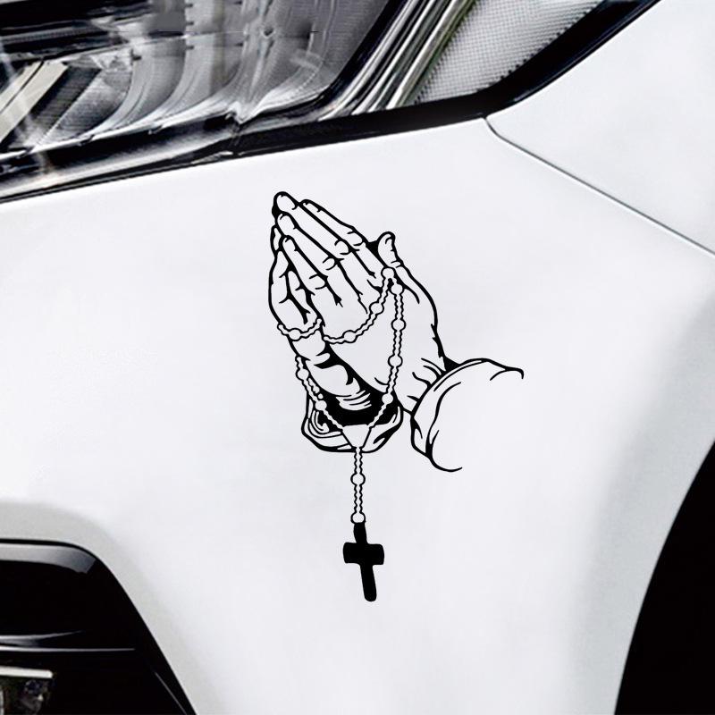 Custom Cross and Rosary Gesture Waterproof Car Decal for Rear Window Decoration
