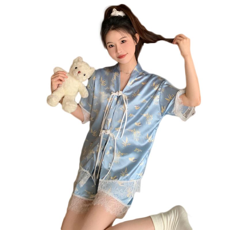 Fashion National Style High-End Short-Sleeved New Chinese Loungewear, Women Can Wear Ice Silk Suit Pajamas Outside