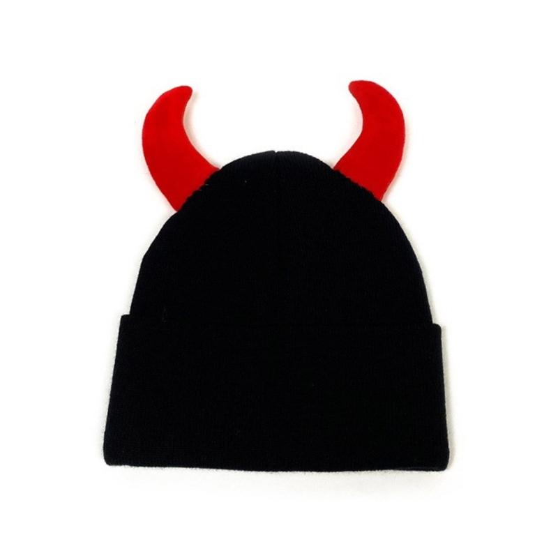 

Вязаная крючком шапка-череп для взрослых, новинка, шапка-бини с рожками дьявола, женская шапка с капюшоном, унисекс, спортивная шапка для улицы, головной убор чёрный