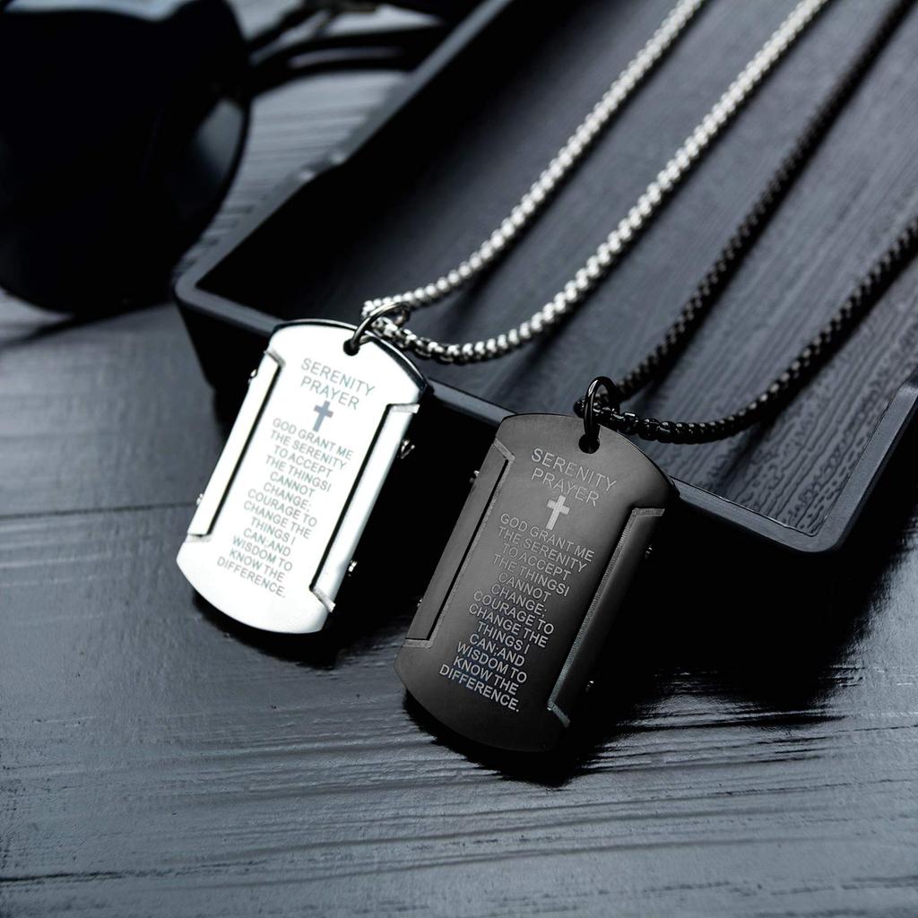 AIKS Cross Silver Stainless Engraved with Pendant Rectangular Protection from Antique Style Men's Necklace, Steel, Sutra, Plate, Necklace, Amulet,
