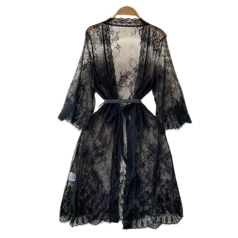 Spicy Girl Lace Deep V-Neck Mesh Nightgown with Shawl - Sexy Spring/Summer Pajamas