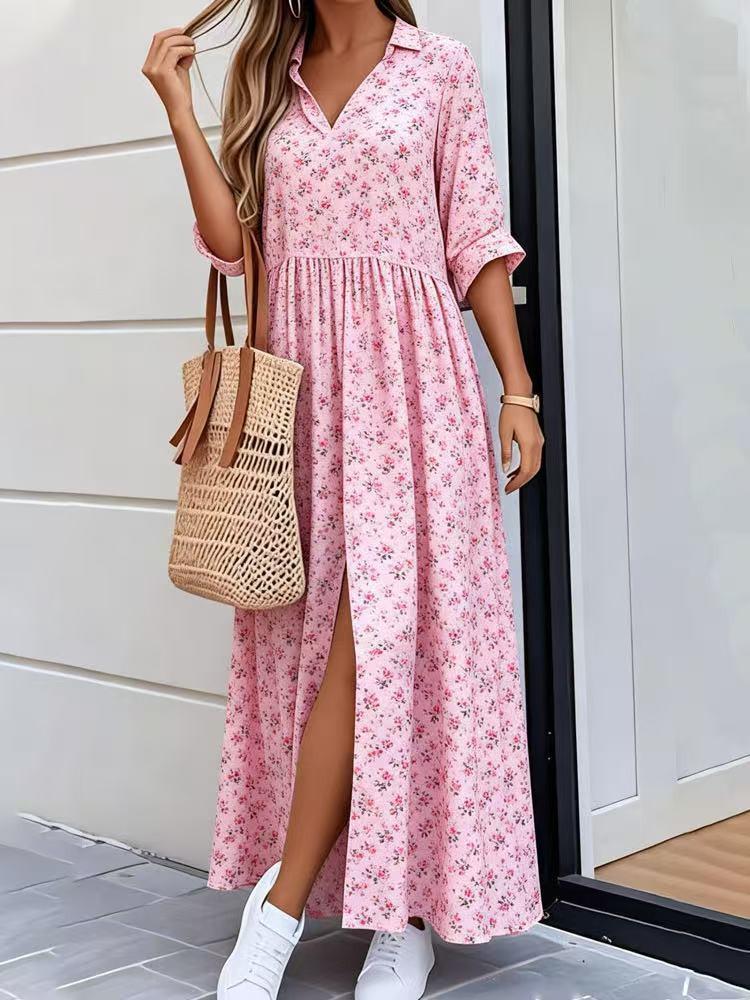 Spring Women's Casual Loose Printed Beach Dress with Lapel and Mid-Sleeve Pockets