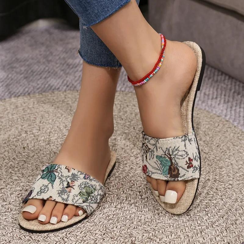 Fashion 2024 Hot Sale Women Shoes Open Toe Women's Slippers Summer Printing Mixed Colors Outdoor Casual Beach Flat Comfortable Slippers