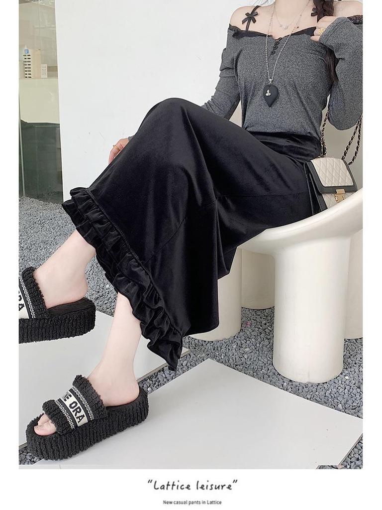 Women's Layered Velvet Midi Skirt with High Slit and Ruffle Lace - Thickened for Autumn and Winter