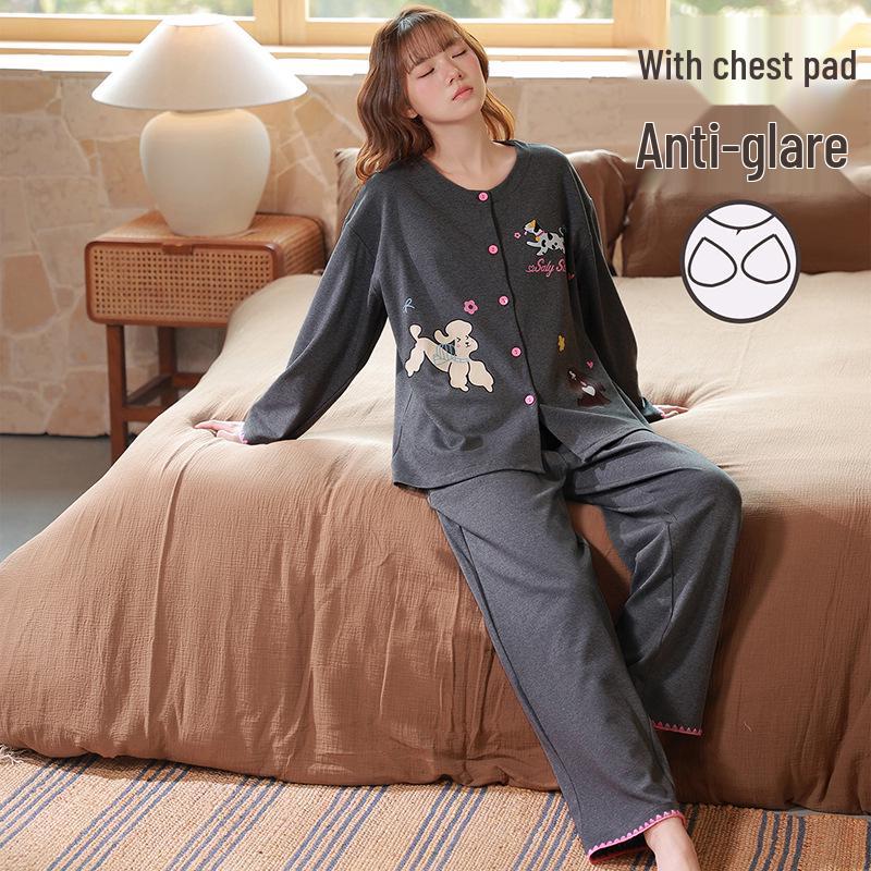 

Women s 100% Cotton Long Sleeve Pajama Set with Built-in Bra, Perfect for Autumn/Winter Casual Wear at Home. XL
