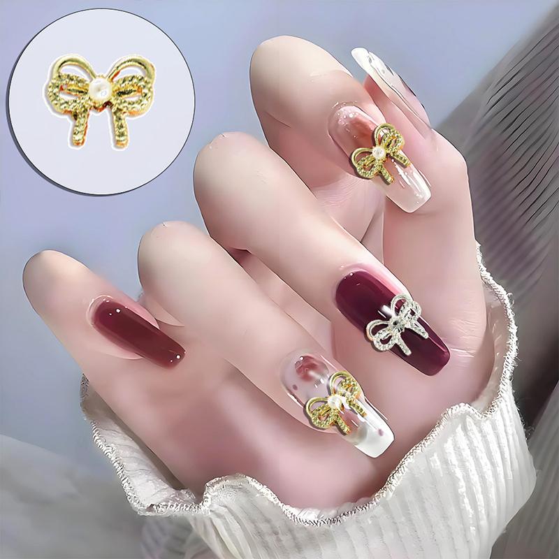 10 Pcs Bow Nail Charms Alloy Pearls Bowknot Decoration For Manicure Diy Accessories Parts Ribbon Gold Silver Nail Parts Jewel