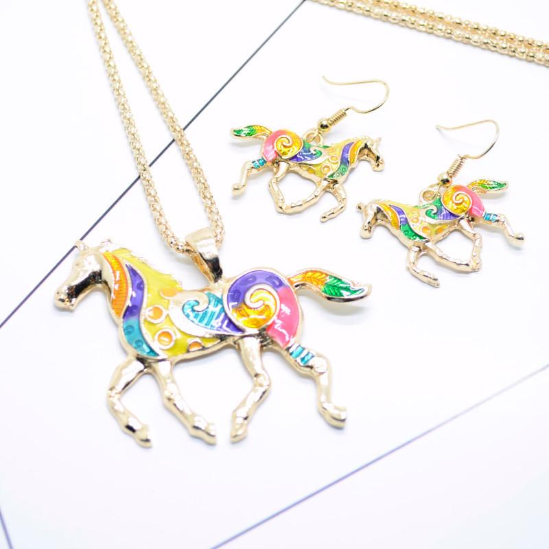 Ensemble Collier Boucles d'oreilles Pendentif Poney Arc-en-ciel Tendance avec Design Dégradé Coloré