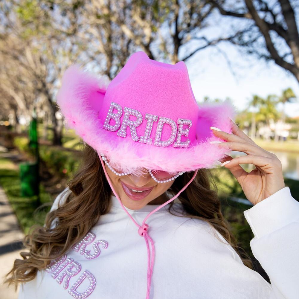 

Bride Pearl Letter Pink Fluffy Diamanté Cowboy Hat Bride To Be Bridesmaid Gift Wedding Bachelorette Party Bridal Shower Decorate