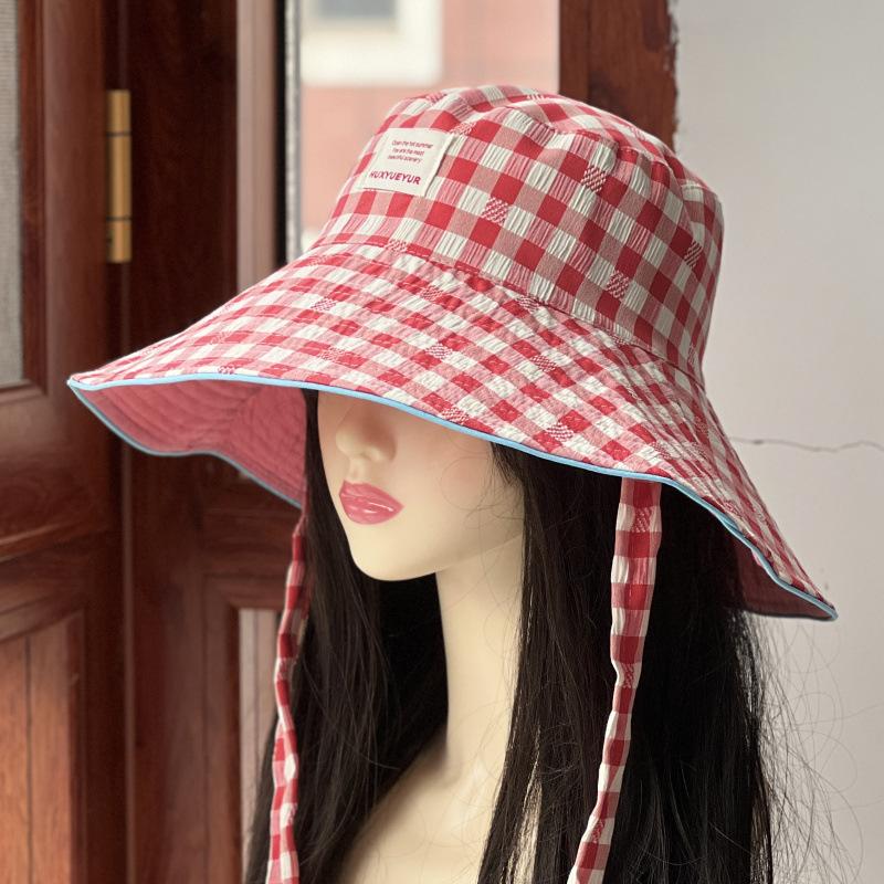 Casual bucket hat women can wear double-sided plaid versatile big eaves show face small sunshade sunscreen hat fashion basin hat