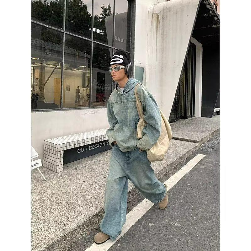 2024 Men's Distressed Washed Denim Hooded Sweatshirt - Retro Street Style Loose Jacket for Spring & Autumn