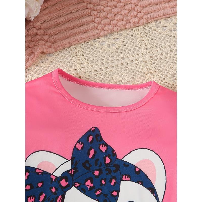 Long-Sleeve And Long-Pants Outfit for Girls | Cute Cat Design T-Shirt And Leopard Print Pants | Soft And Comfortable Set Suitable for Outdoor Wear