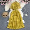 Women Summer Retro Solid Pleated Hollow Elegant Tiered Dress Spring Lace Short Sleeve Long High Waist Dresses