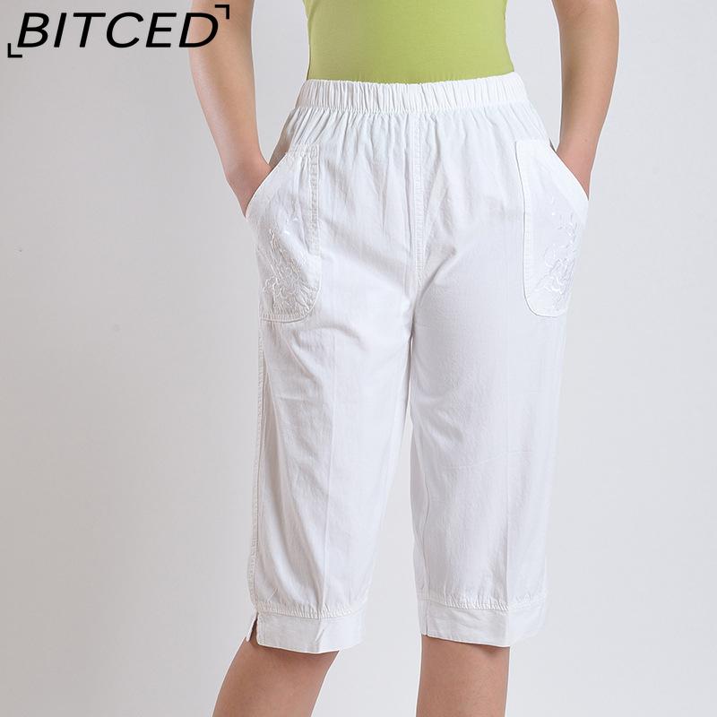 BITCED Summer Women Elastic Waist Straight Trousers Middle Age Older Women High Waist Straight Pants Washed Cotton Cropped Plus Size Pants