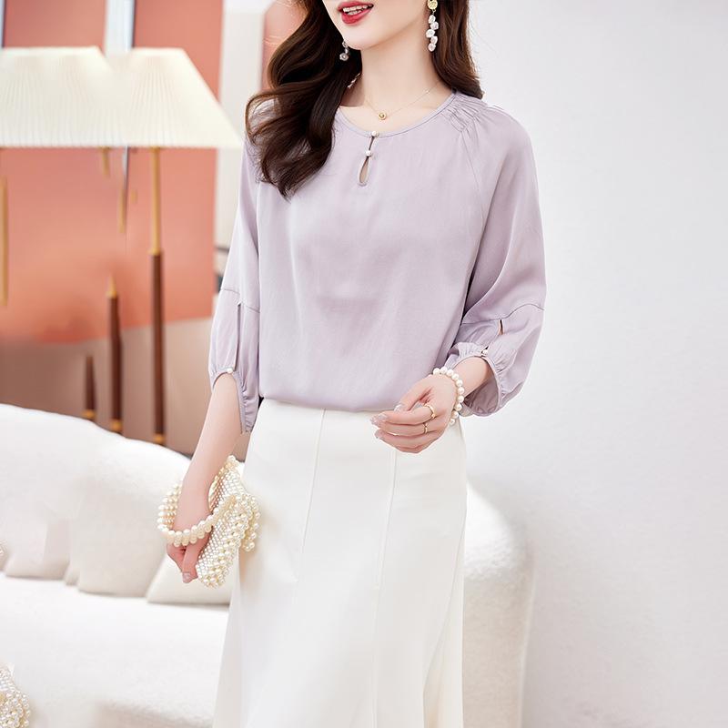 

Шелковая женская рубашка новая однотонная темпераментная с круглым вырезом свободная и тонкая рубашка топ из шелка тутового дерева 2XL