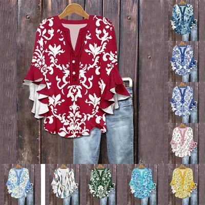 Women's Summer Tops V Neck Three-quarter Sleeves Floral Print Flowing Ruffle Sleeves Half-button Shirt