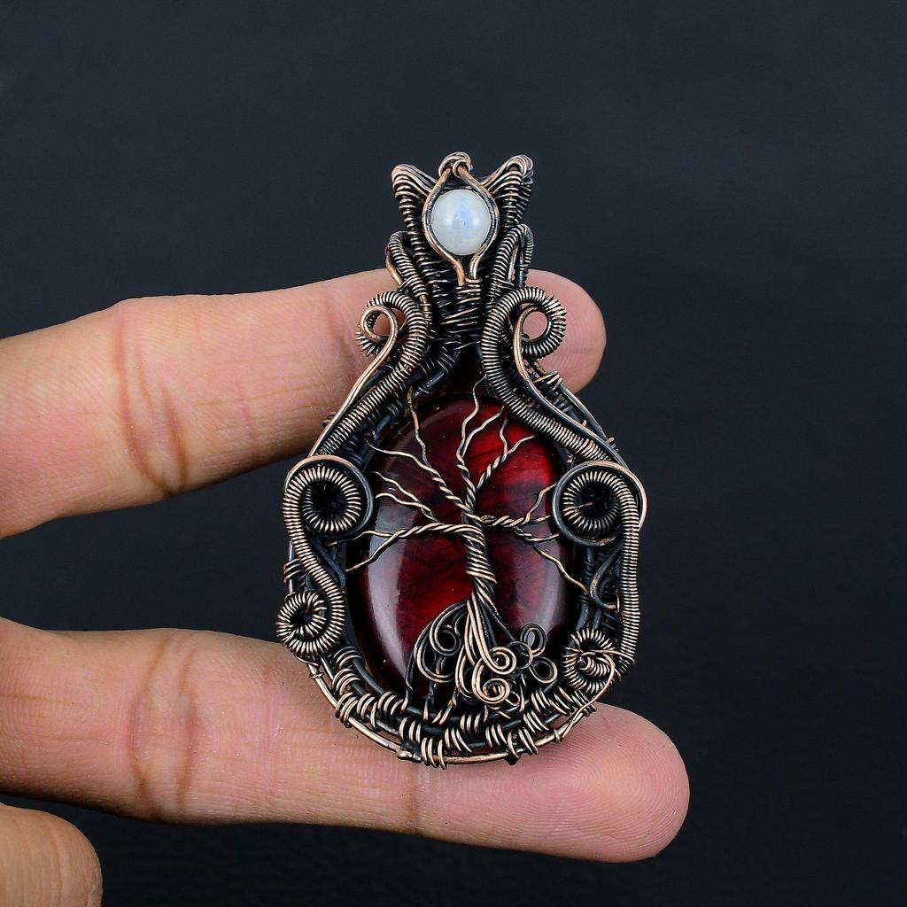 Tree Of Life Red Labradorite & Moonstone Gemstone Pure Copper Wire Wrap Handmade Jewelry Pendant
