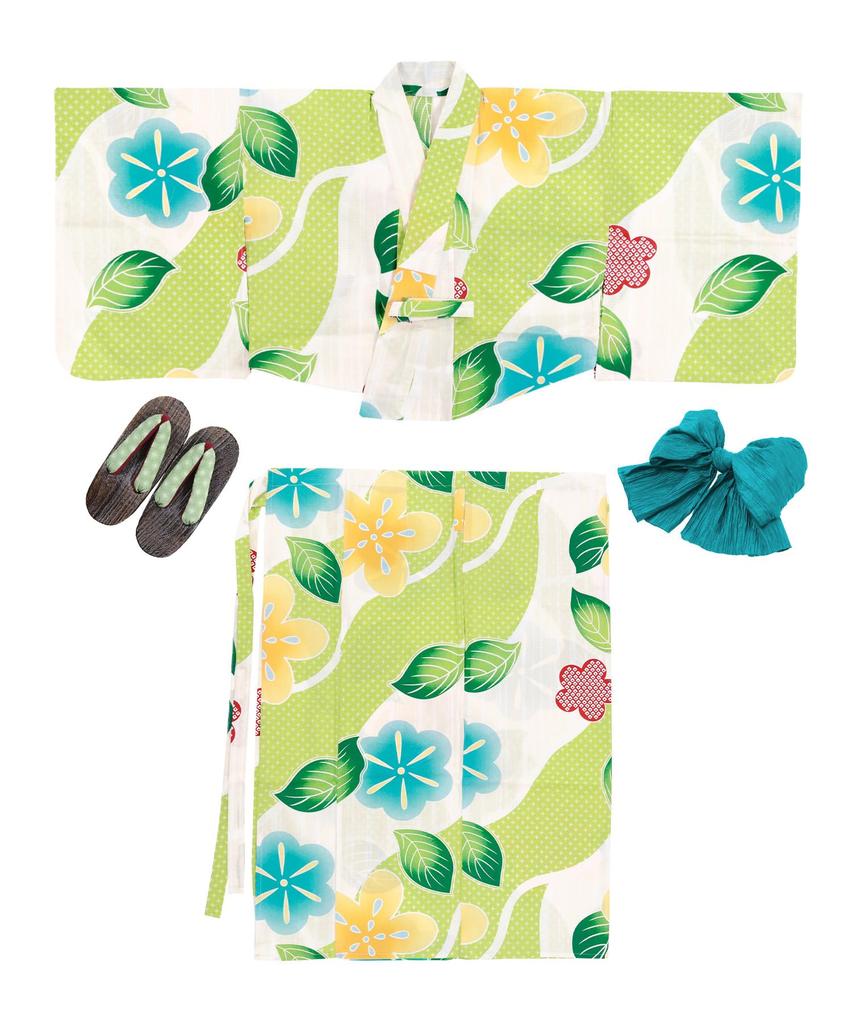 Conjunto de Cambio de Yukata Heiko para Niñas Junior En Busca del Pueblo Donde Florecen [KYOETSU] Conjunto, Yukata, Tipo de Dos Piezas, Niñas, Crudo, Tejido, 3 piezas