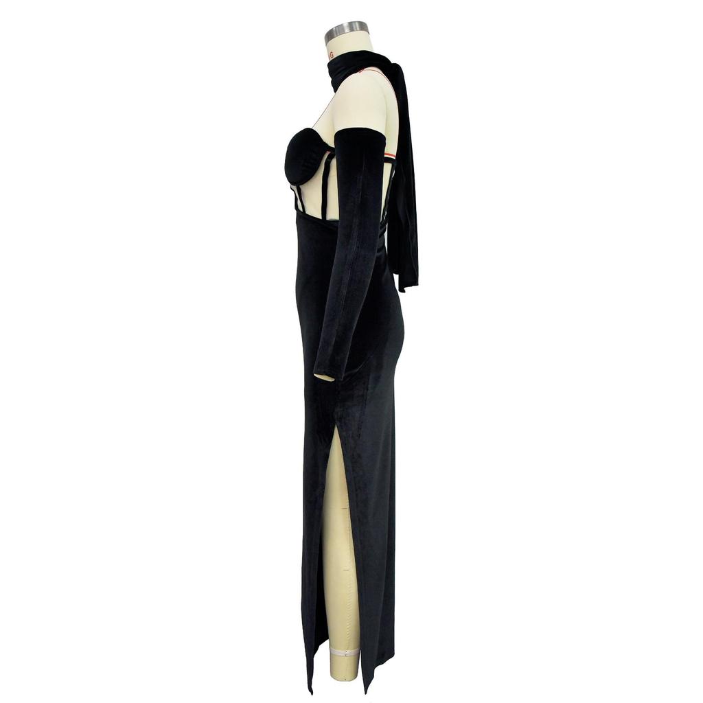 X6652 European & American Fashion Solid Color Women's Bandeau Evening Gown with Gloves