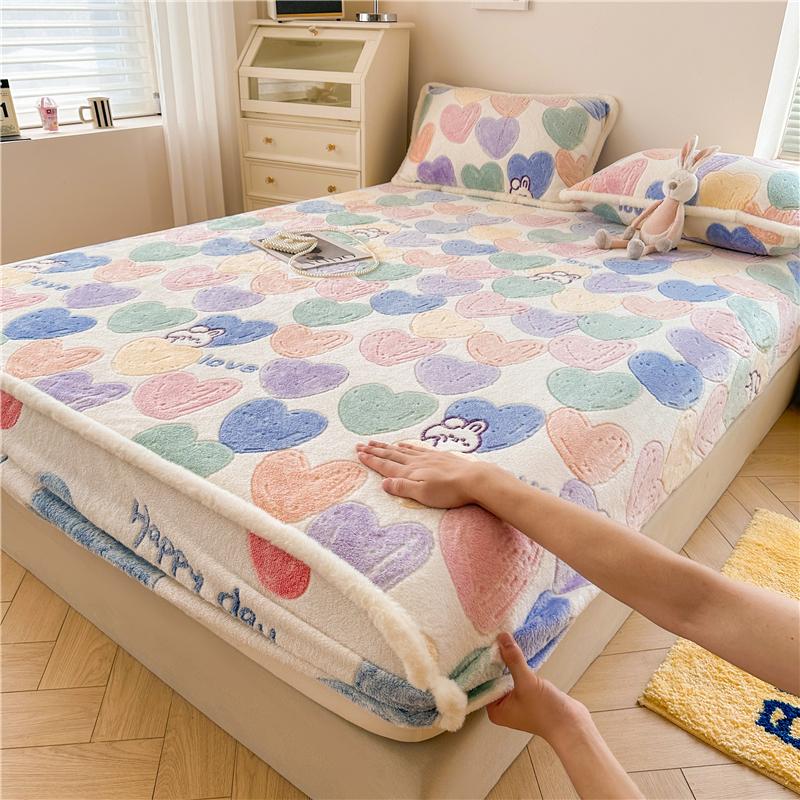 WOSTAR Luxury double bed fitted sheet elastic mattress protector cover couple winter warm fluffy coral fleece bedspread 150x200