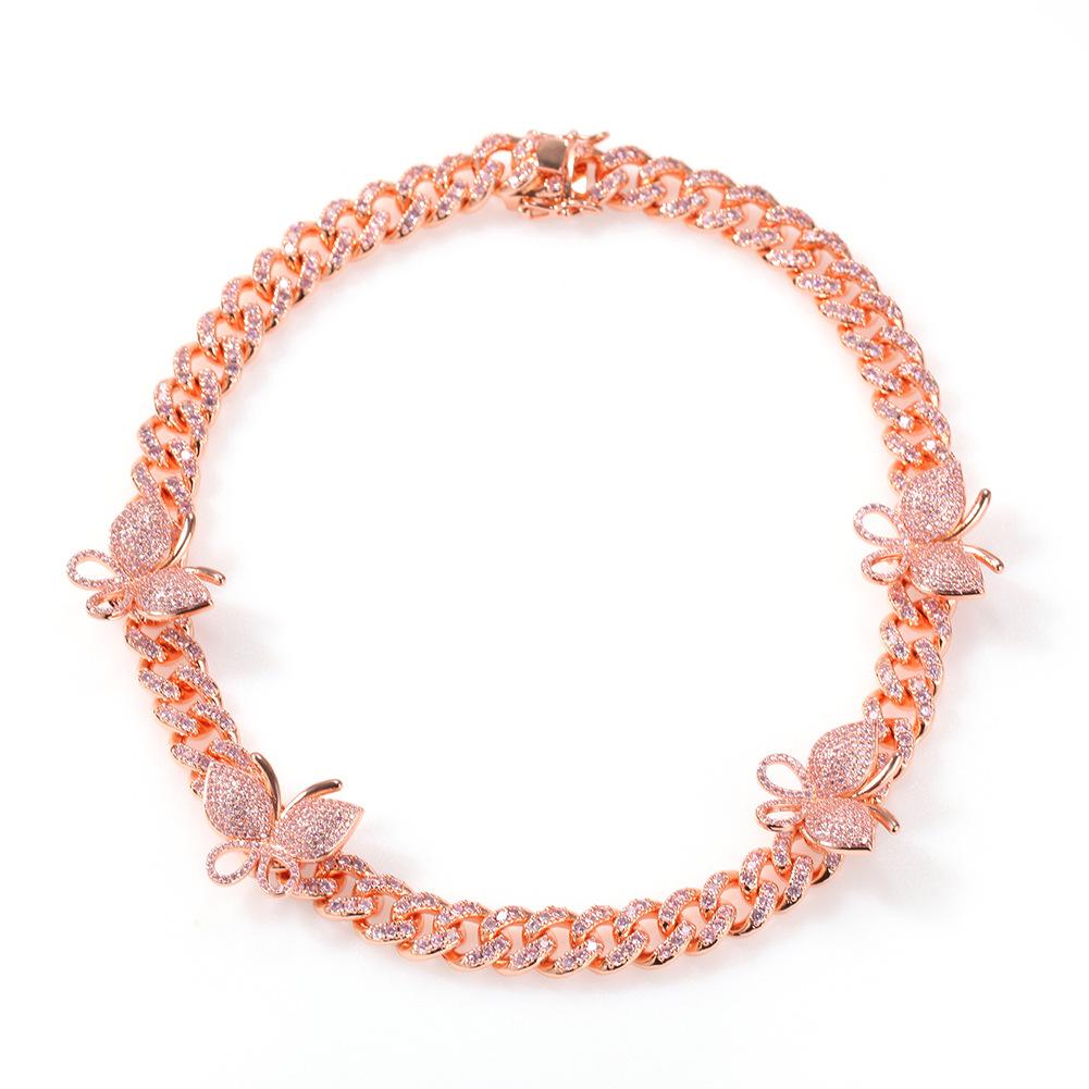 

Хип-хоп микро инкрустация циркон бабочка кубинское ожерелье мужская и женская одинаковая цепочка на ключицу европейский и американский популярный орнамент 14inch