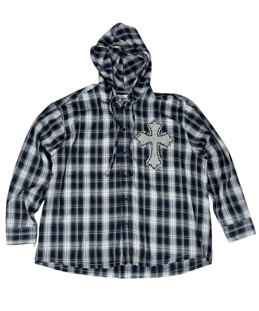 SK8ER ROCK Cross Cut-Off Tartan Check Hoodie Shirt ((Marine))