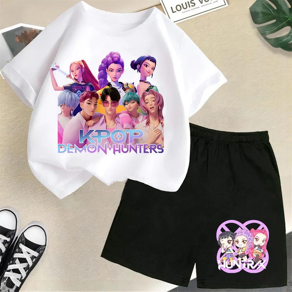 2025 New Children's Korean Wave Demon Hunter Print Fashion Casual Movie Cartoon Boys and Girls Short-sleeved Set