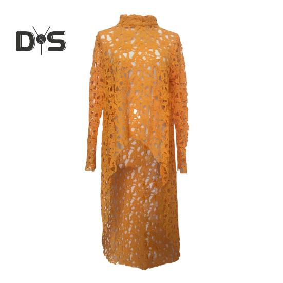 Women Long Top Cutout Irregular Crochet Lace Floral Patchwork See-through Short Front And Long Back Blouse Half-High Collar Long Sleeve Dress