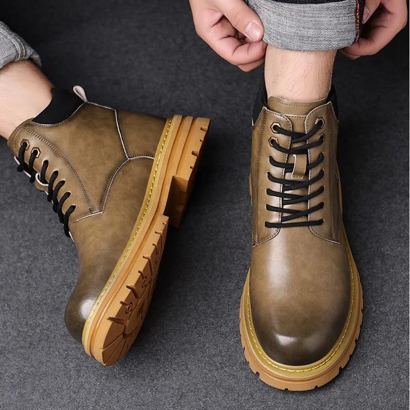 FashionRetro Leather Non-slip Platform Boots for Men Designer Soft-soled Autumn Winter Men's Shoes Fashion  Casual Male Work Boots